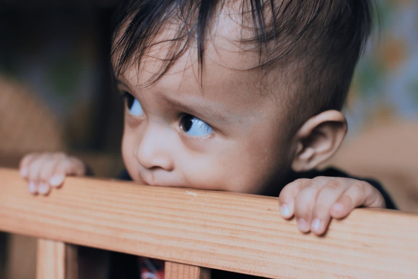 A baby gripping the wooden rail of a cot and gnawing on it, looking away from the camera.